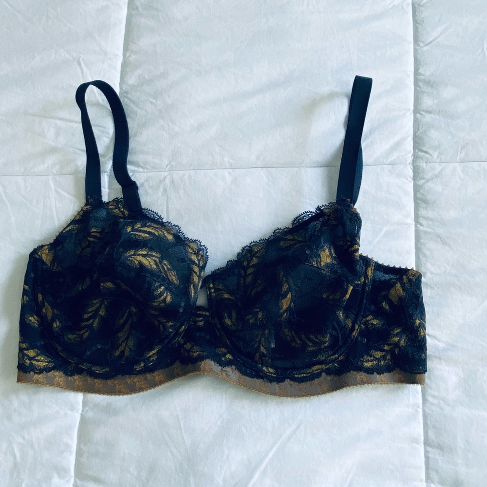 NWOT lace navy & goldish/tannish color unlined bra.  Size 36 D.